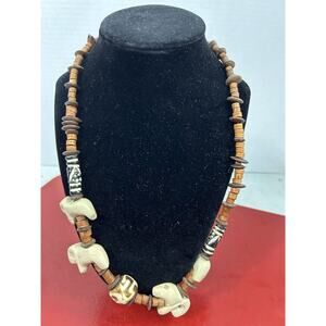 Wood Bead Necklace African Elephant Safari Ethnic Tribal Boho Carved Soapstone‎